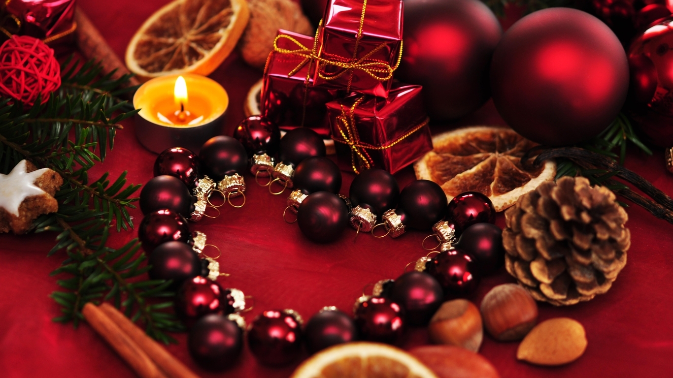 Картинка: Декор, новогодние шары, сердце, свечи, орехи, корица, шишка, новый год, красный фон