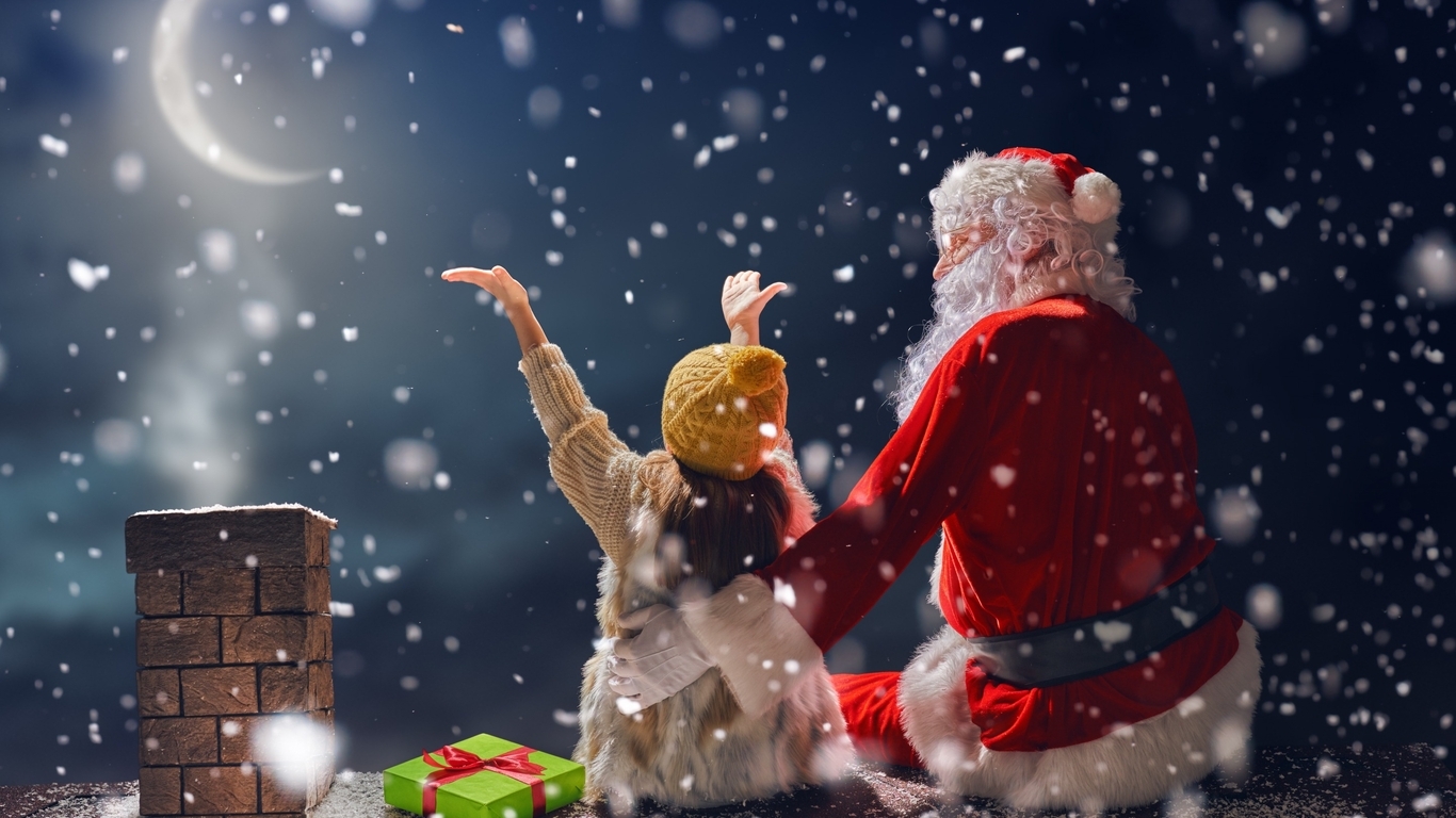 Картинка: Санта Клаус, девочка, подарок, Новый год, Рождество, труба, крыша