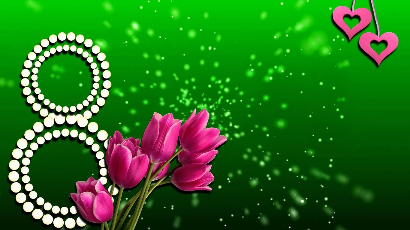 Картинка: Тюльпаны, цветы, праздник, поздравление, открытка, 8 марта, зелёный фон, сердечки, блики