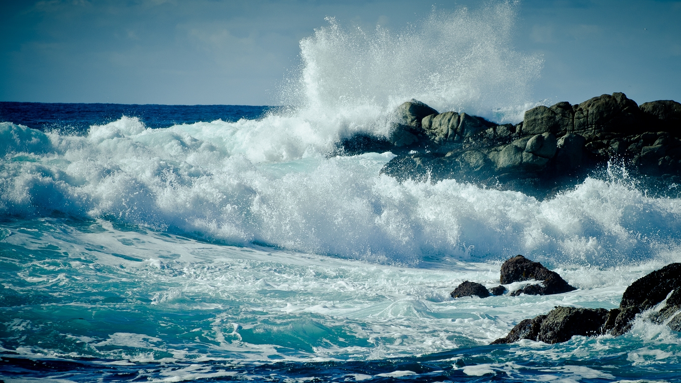 Image: Water, sea, ocean, waves, splashes, drops, rocks, stones, sky, horizon