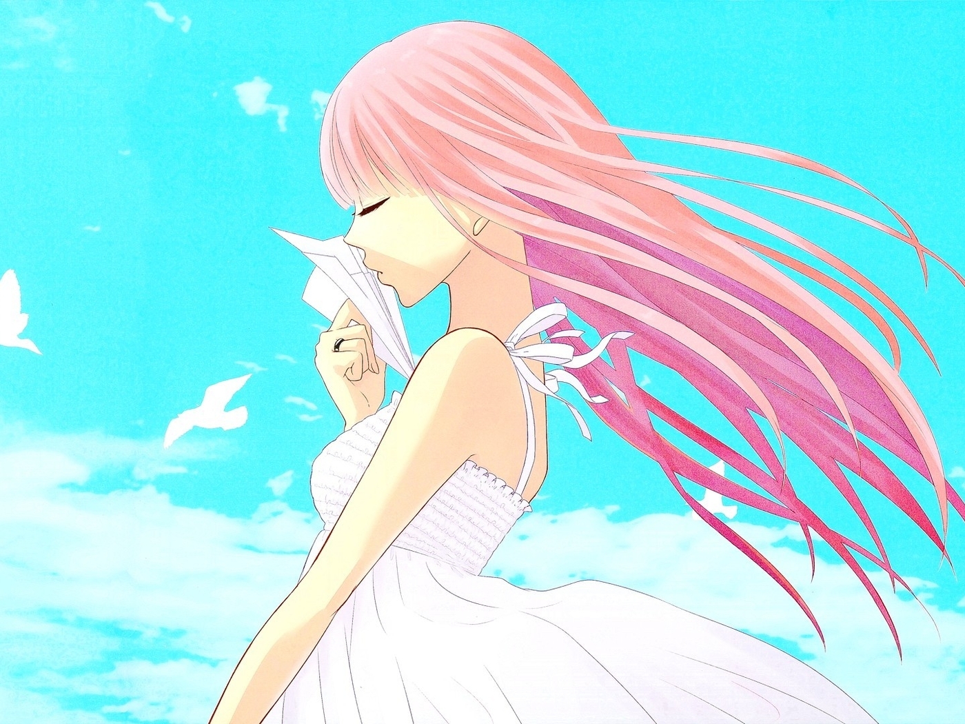 Image: Girl, hair, pink, plane, sky, clouds, birds, dress, wind