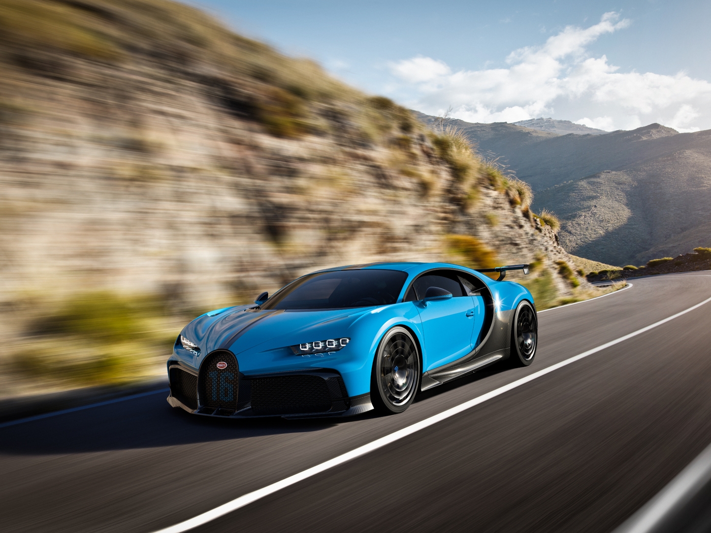 Image: Bugatti, Chiron Pur Sport, speed, road, mountains, blur