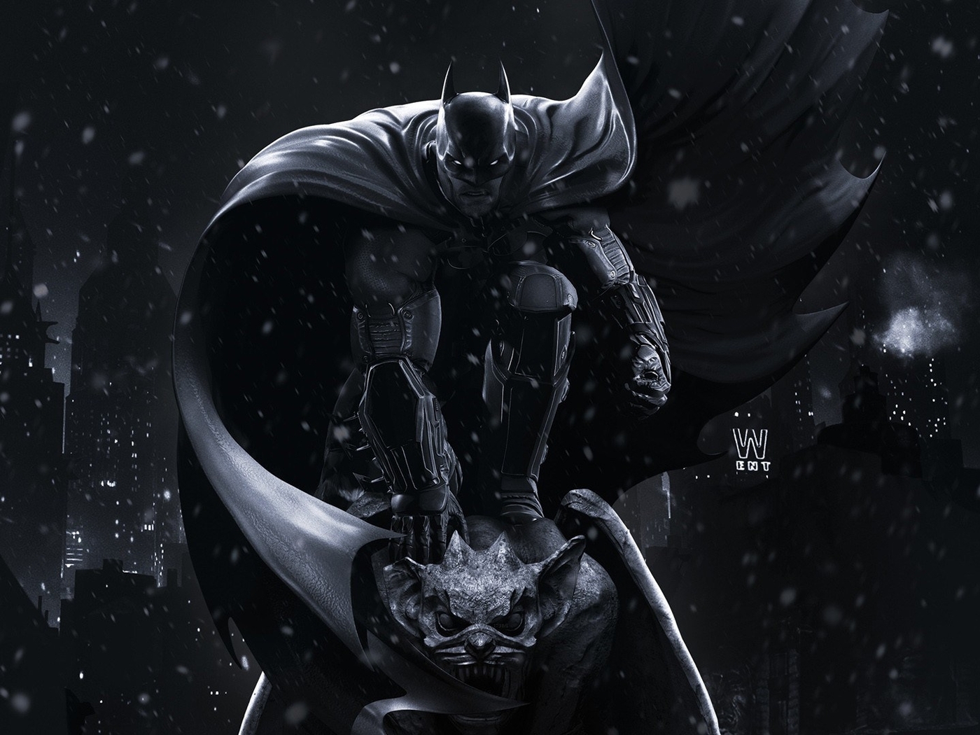 Image: Batman Arkham Origins, Batman, cloak, gargoyle, night, city