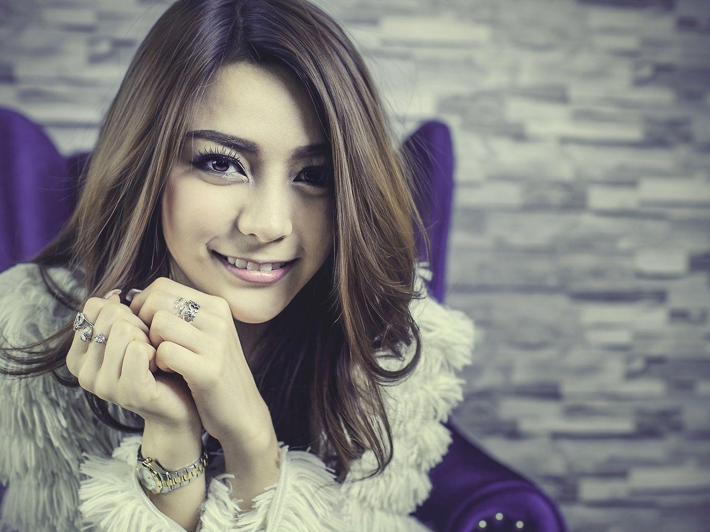 Image: Girl, smiling, asian, jewelry, watch, chair