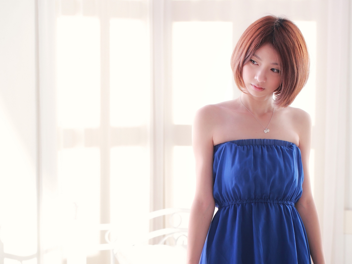 Image: Girl, asian, hairstyle, rack, stand, blue, dress, window