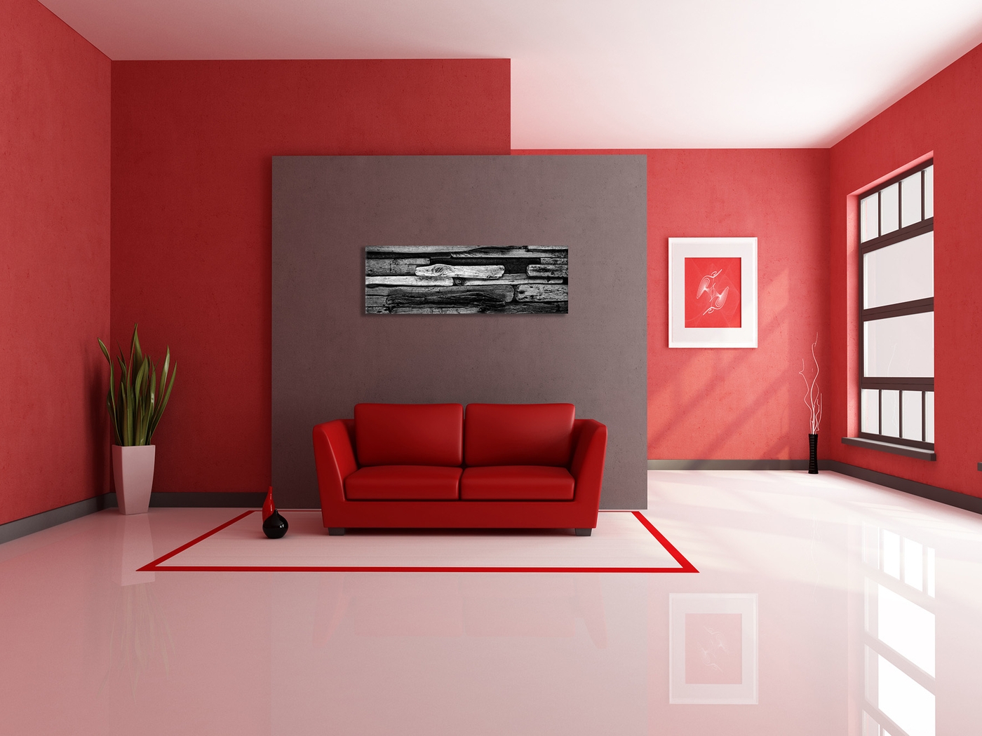 Image: Room, sofa, red, light, wall, window, flower