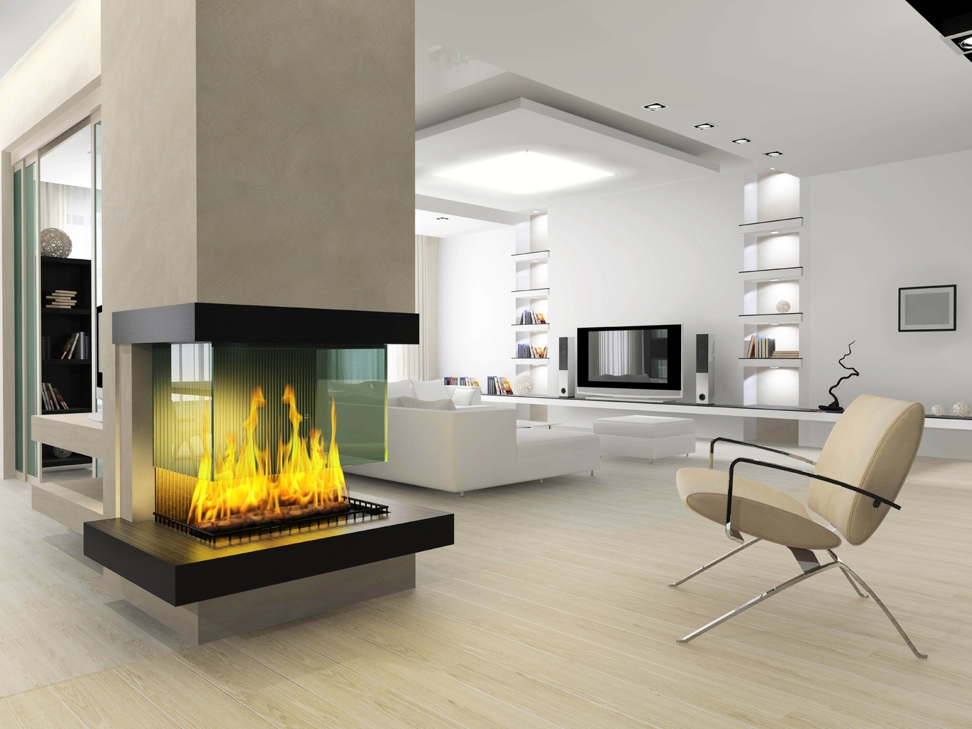 Картинка: Камин, огонь, пламя, кресло, светло, комната, телевизор