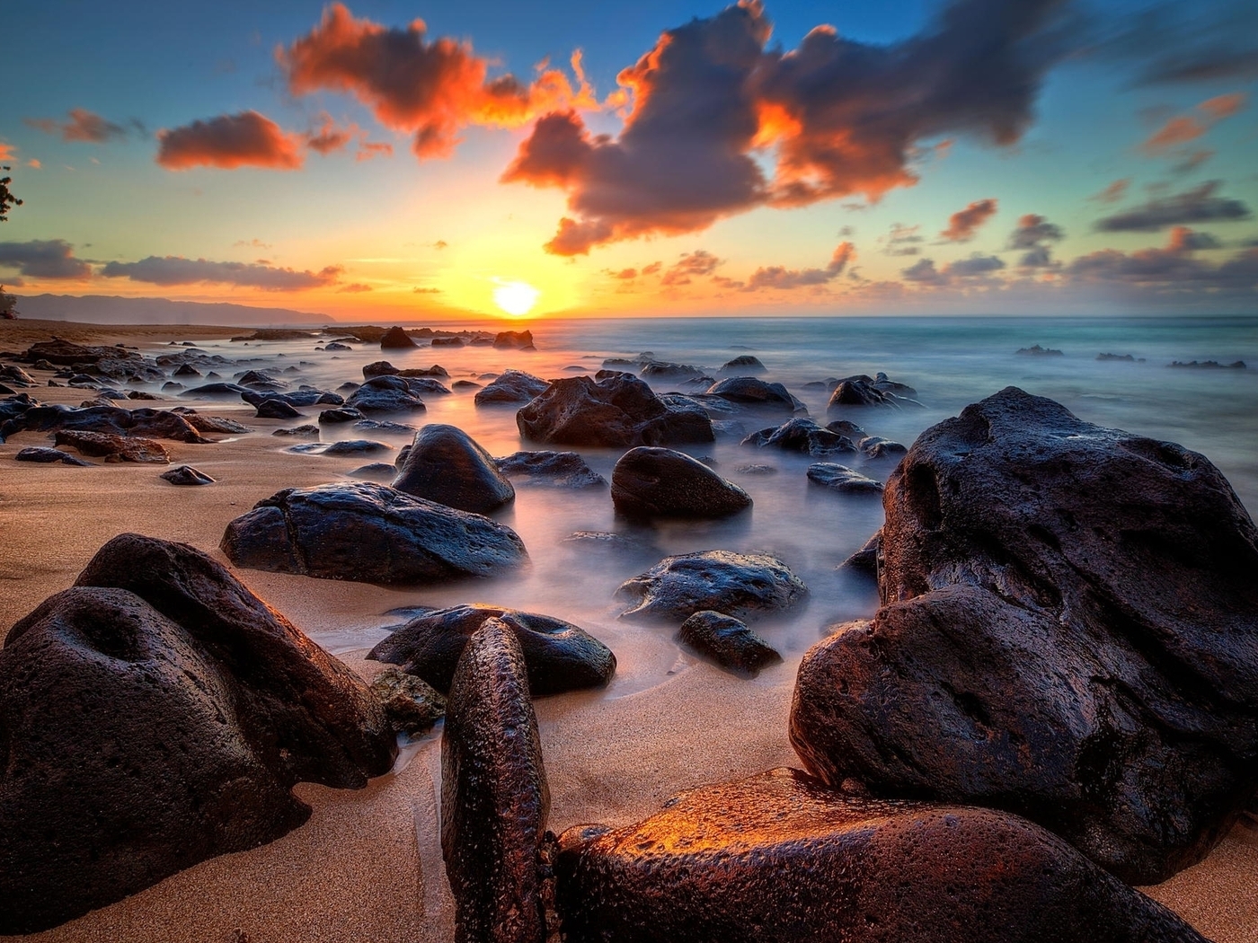 Image: Clouds, sunset, sun, sea, coast, stones, sand, beach