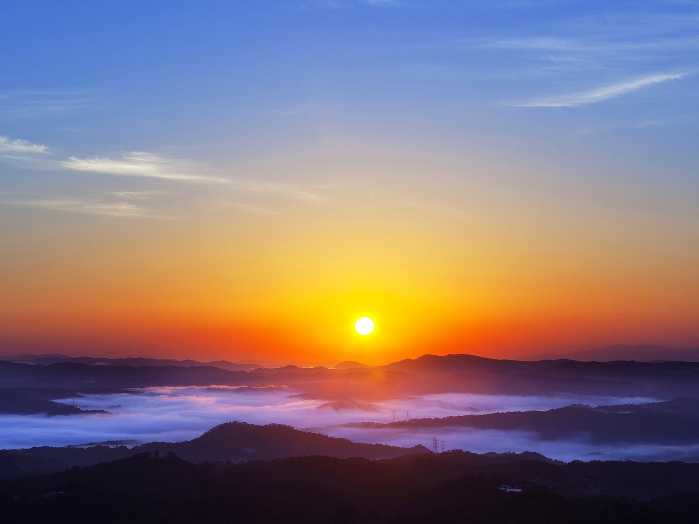 Image: Sky, sun, sunset, mountains, fog, power lines