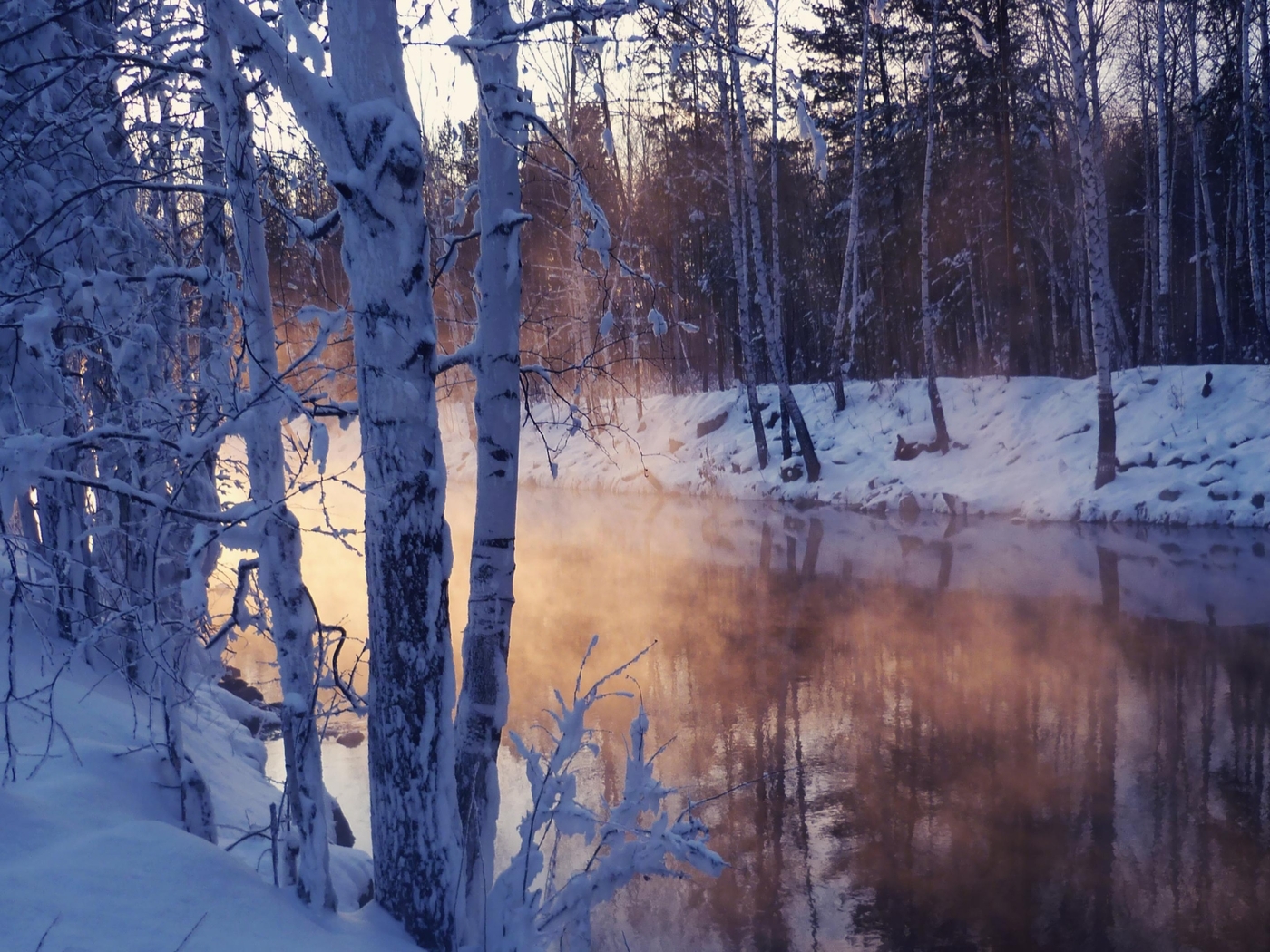 Картинка: Зима, холод, деревья, снег, озеро, отражение