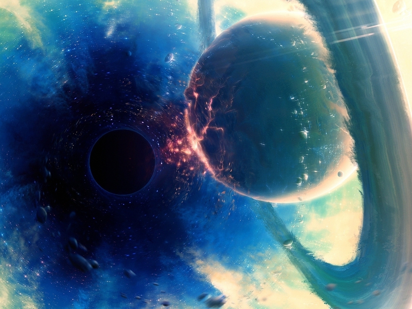 Картинка: Черная дыра, планета, кольца, катаклизм, разрушение, поглащение