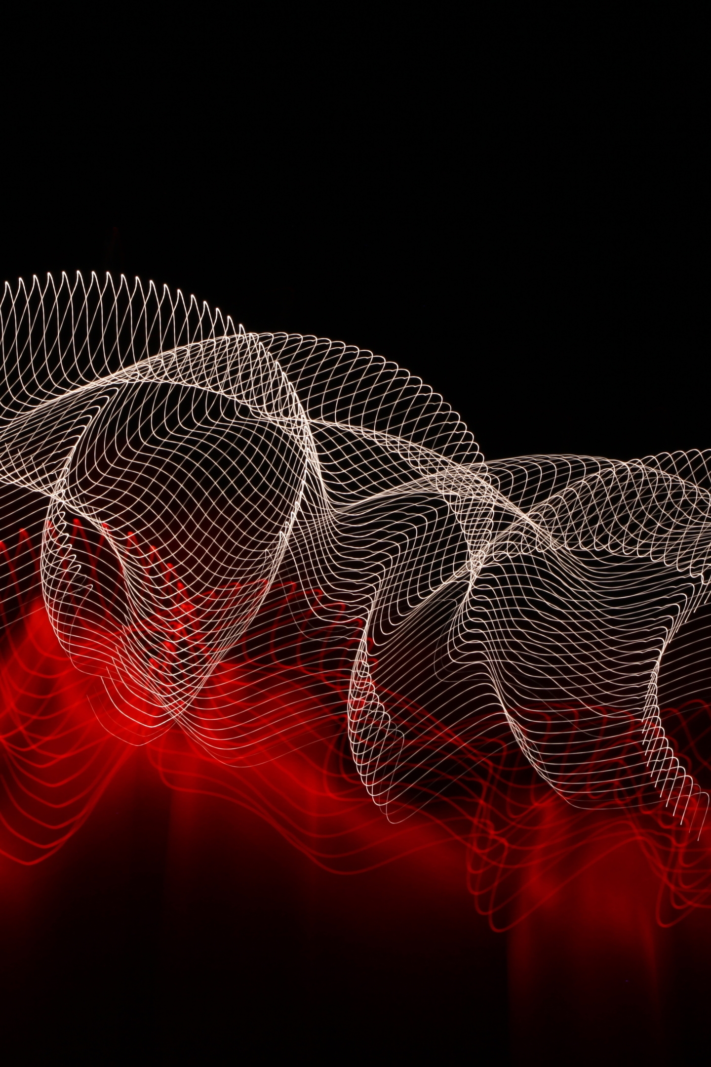 Image: Curls, grid, lines, red, white, black background