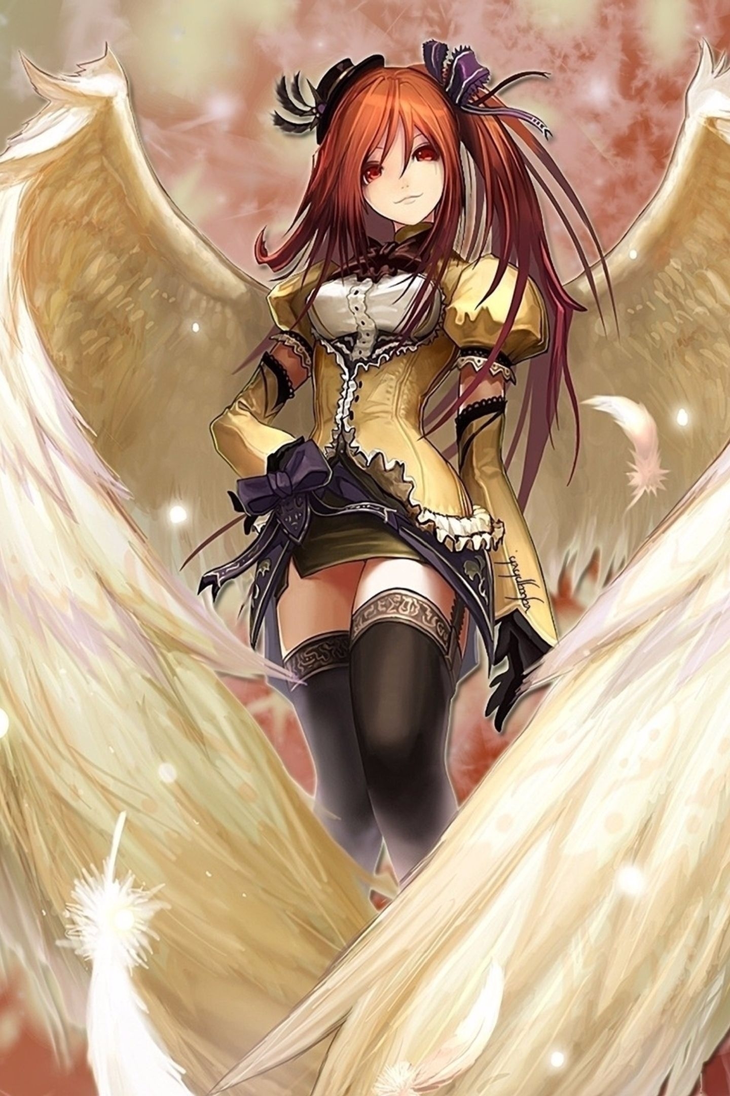 Image: Girl, red hair, wings, feathers, snowflakes, angel