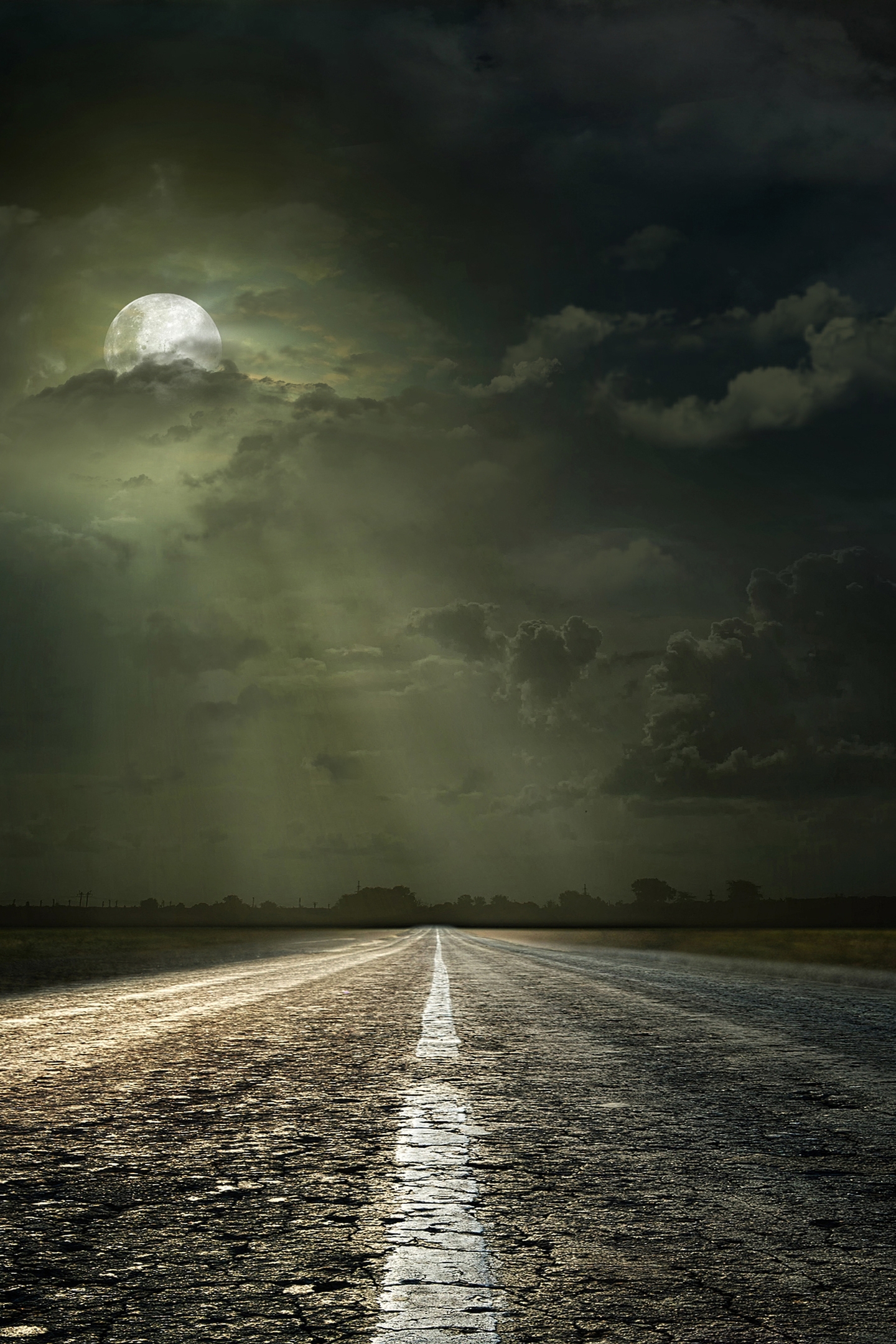 Картинка: Пейзаж, дорога, ночь, даль, лунный свет, луна, облака, горизонт, ночное небо