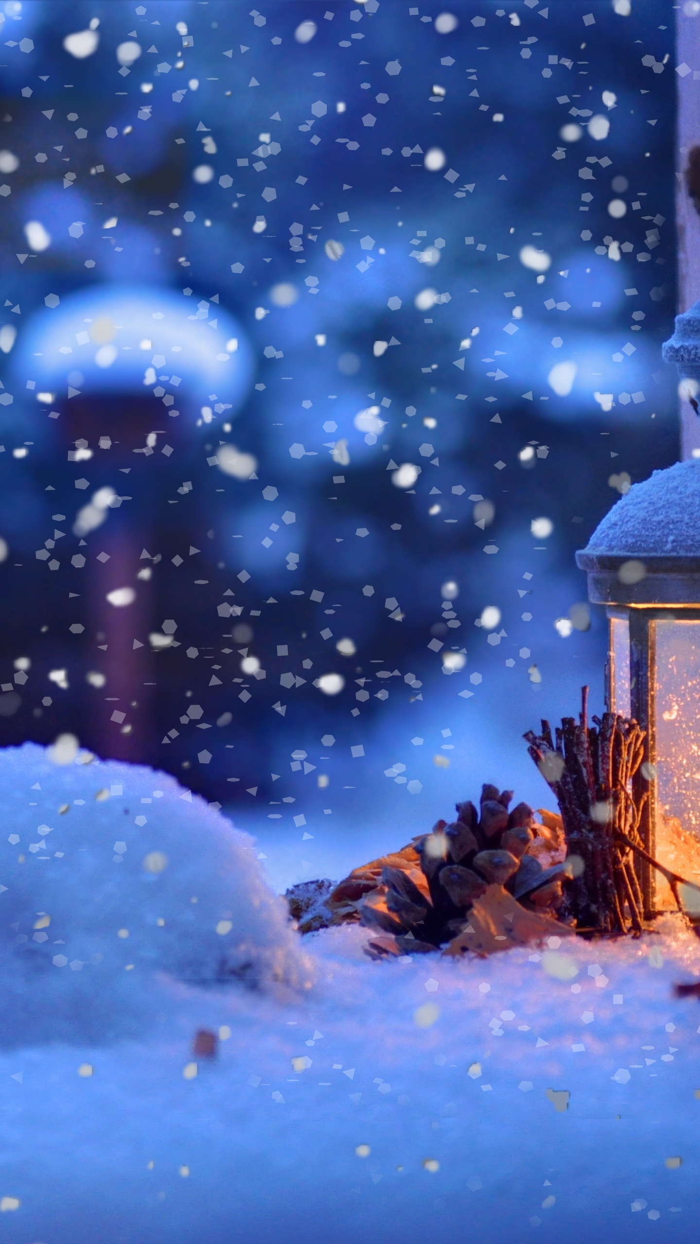 Image: Snow, snowflakes, winter, New year, lantern, lamp, fir cones, light