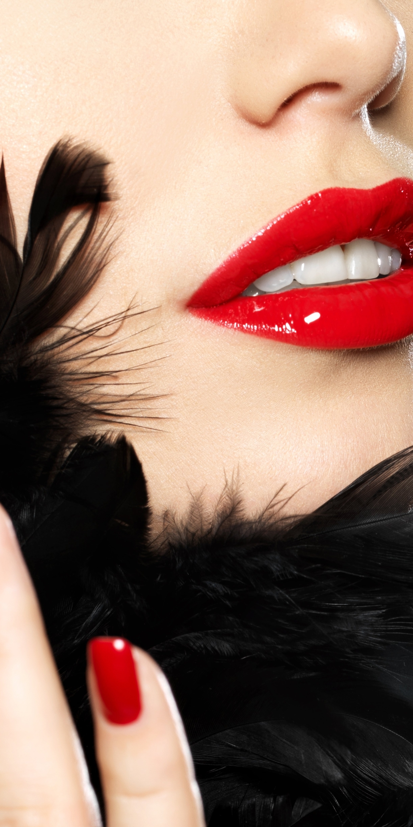 Image: Face, skin, nails, lips, red, feathers, black, nails, teeth, style