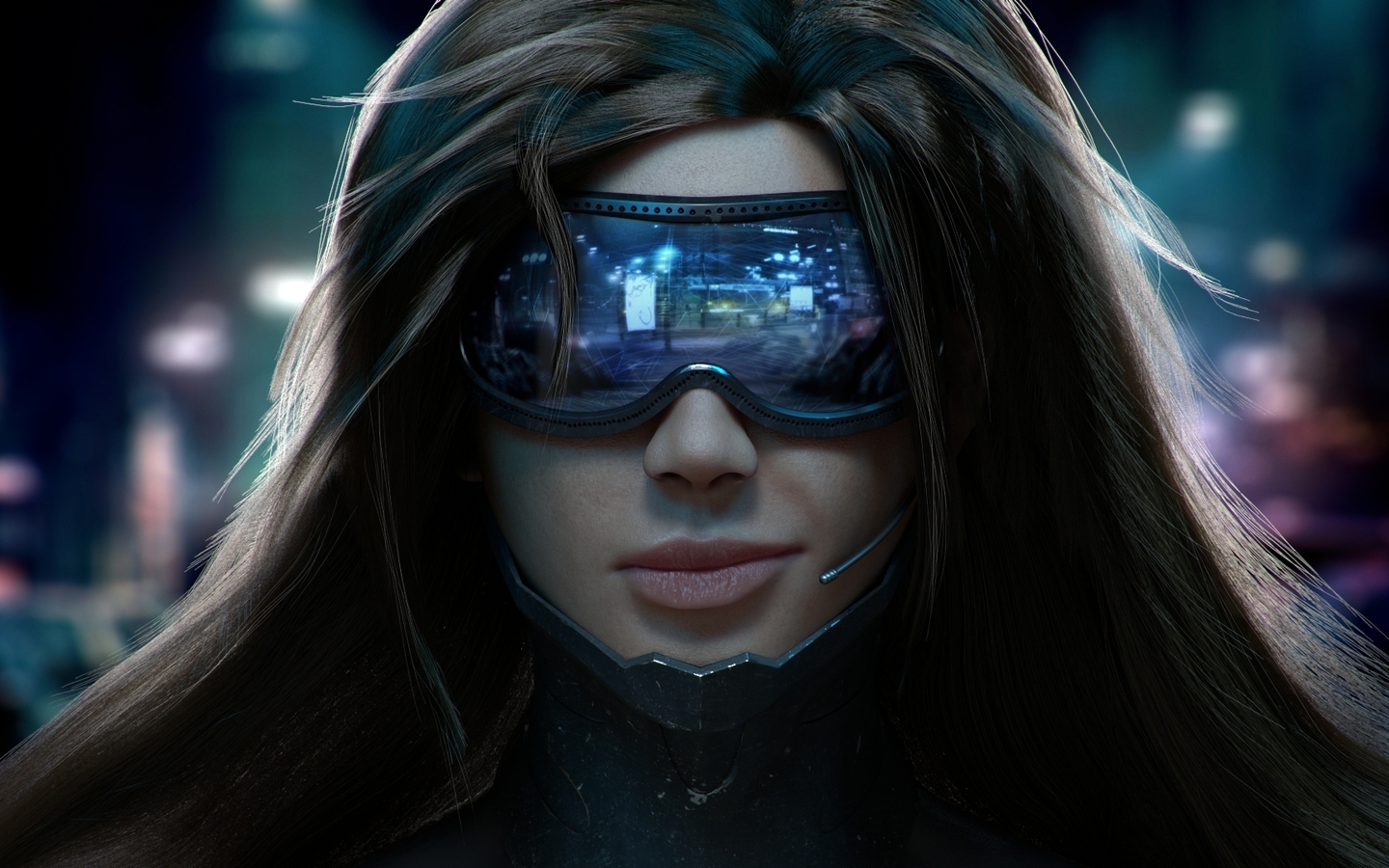 Image: Girl, glasses, brunette hair, armor, microphone, face, reflection, cyberpunk, 3D
