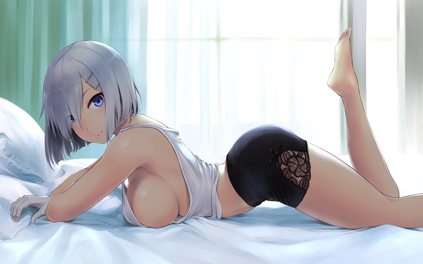 Image: Girl, look, lying, hair, figure, breasts, butt, shorts, t-shirt, bed, window, light