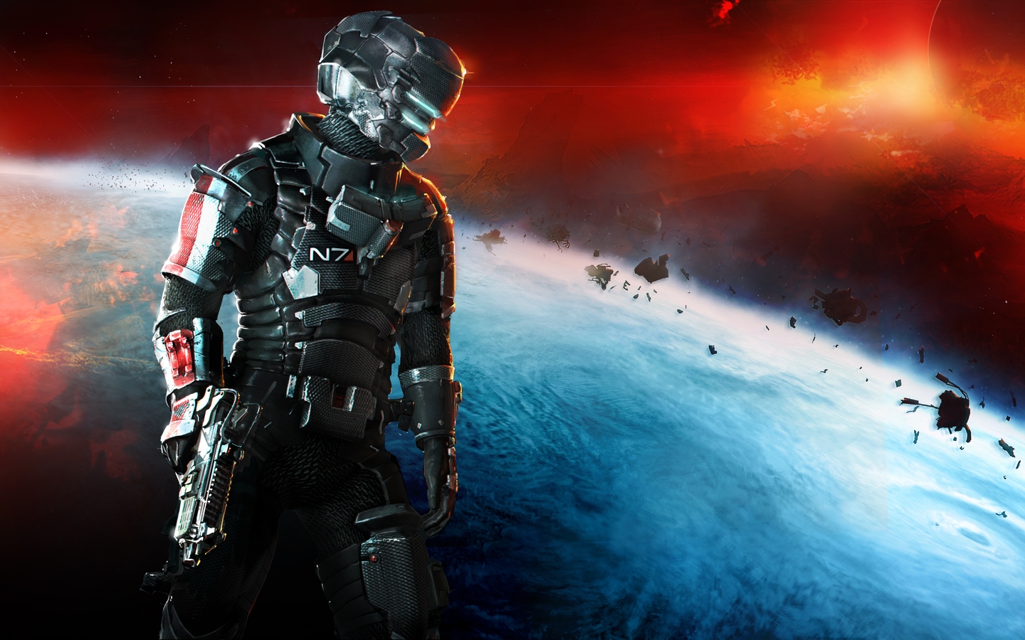 Картинка: Dead Space 2, инженер, Айзек Кларк, N7, костюм, оружие, скафандр, космос, планета, мусор