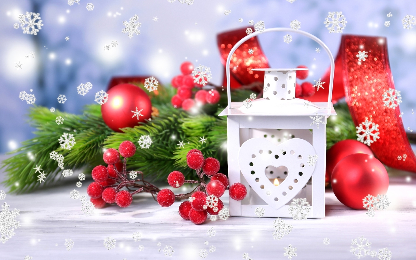 Image: New year, tree, branch, needles, balls, toys, rowan, lantern, heart, snowflake