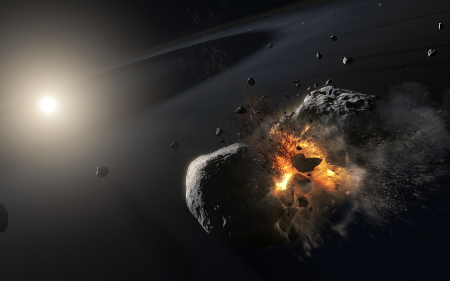 Image: Asteroid, star, cobblestones, light, explosion, wave, collision
