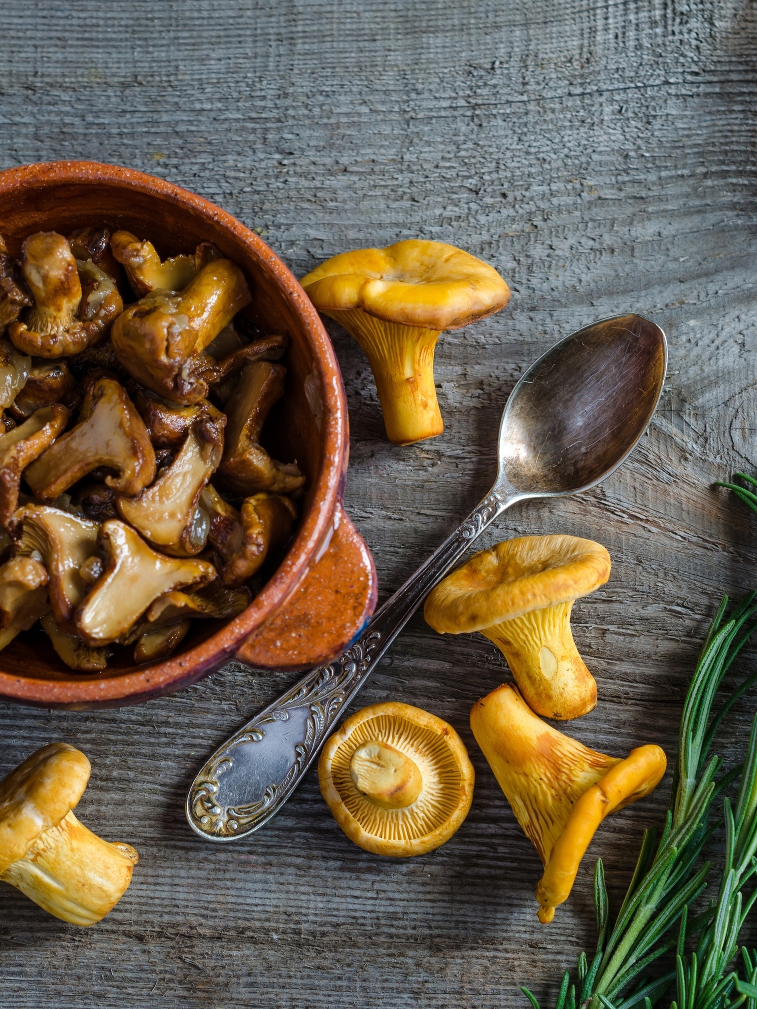 Image: Mushrooms, chanterelles, dill, spoon, pot