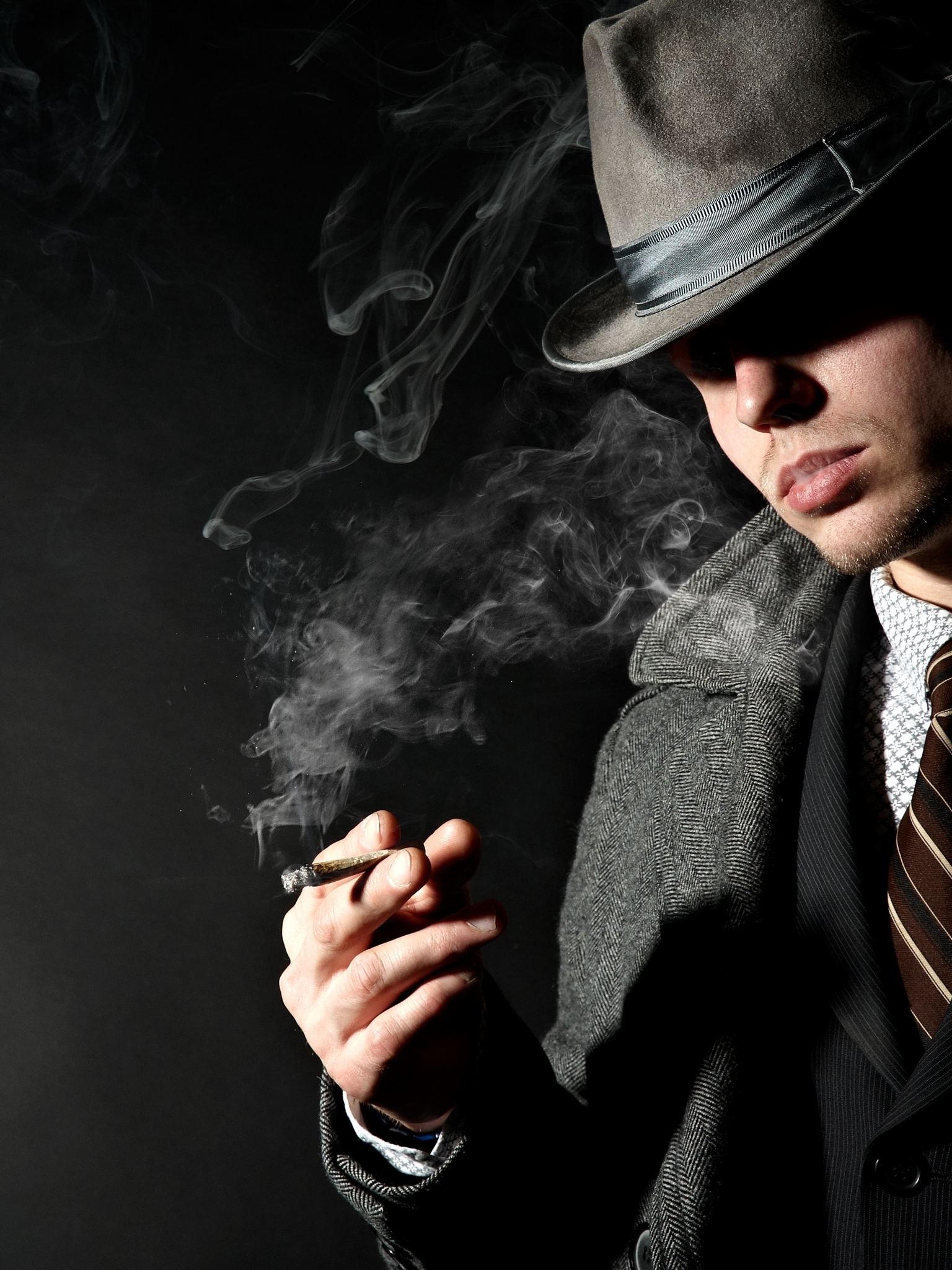 Image: Male, coat, tie, hat, smoking, cigar, smoke