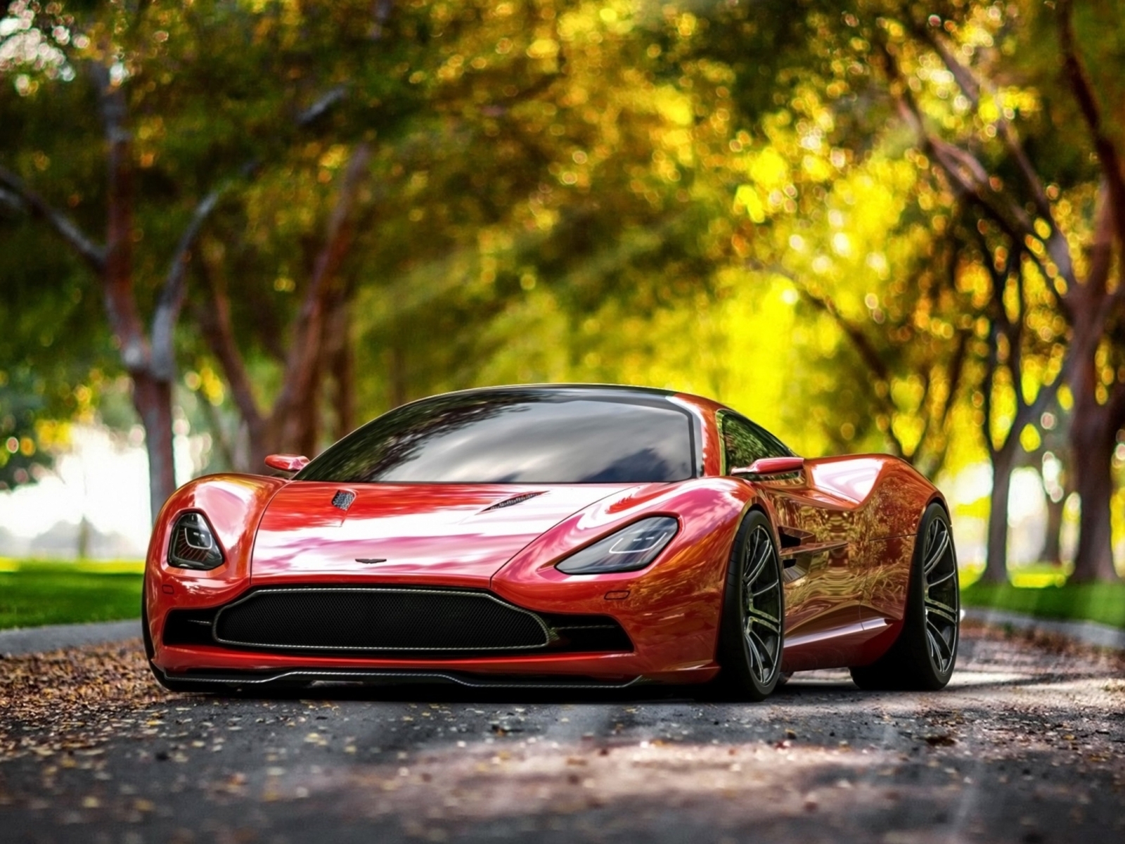 Картинка: Астон Мартин, Aston Martin DBC, красный, парк, деревья, листья, дорога