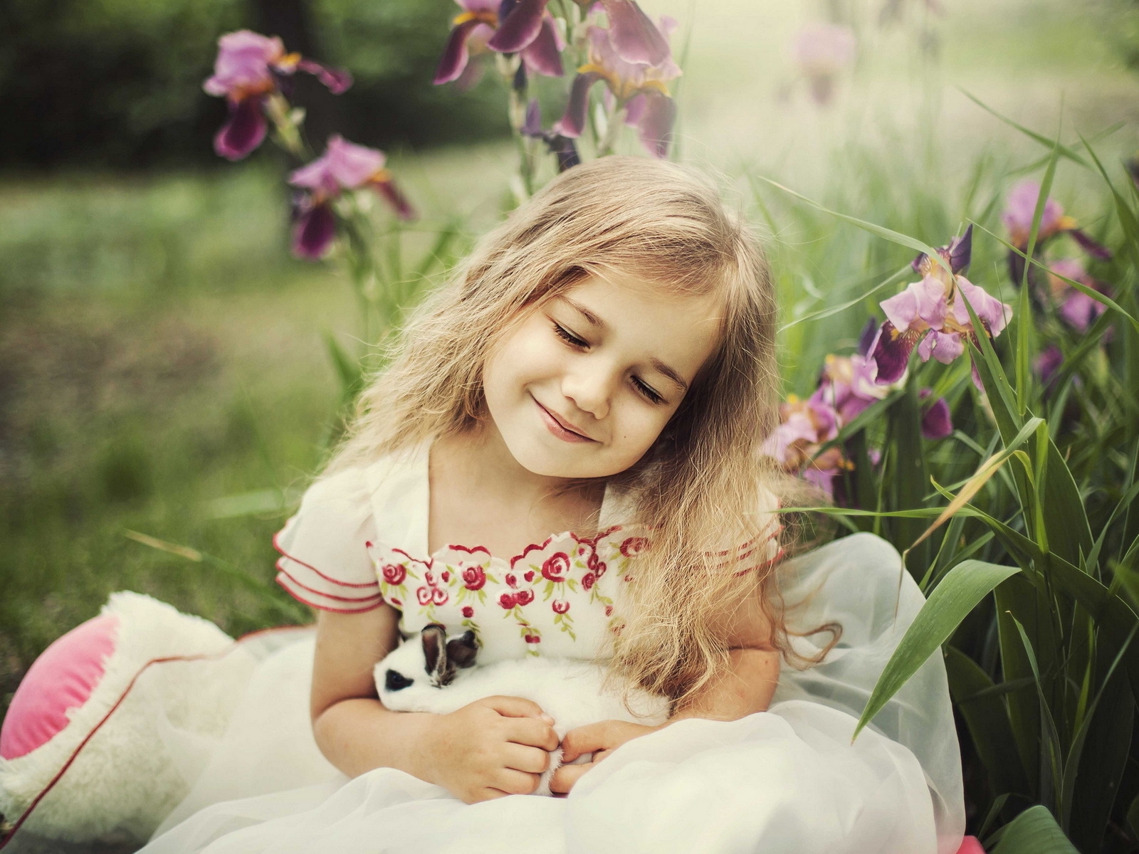 Image: Girl, dress, keep, rabbit, greens, nature, mood