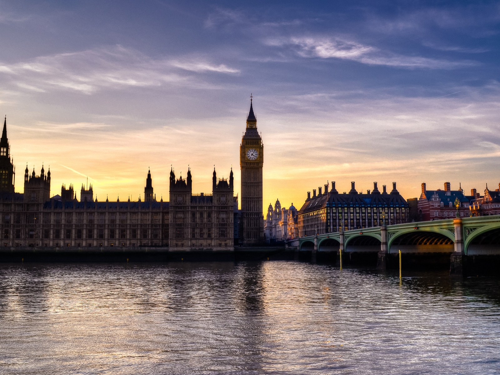 Image: London, Big Ben, bridge, water, night