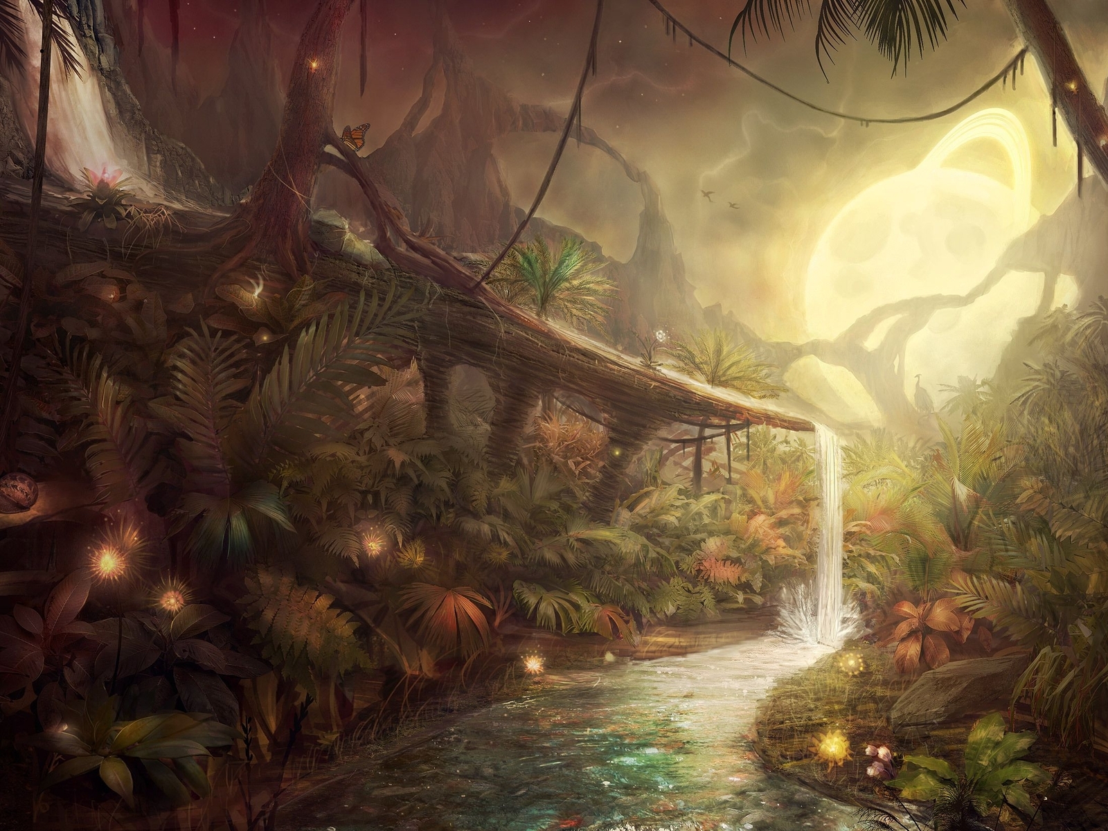 Картинка: Арт, Аватар, Пандора, водопад, ручей, светящийся шар, деревья, джунгли, насекомые, листья