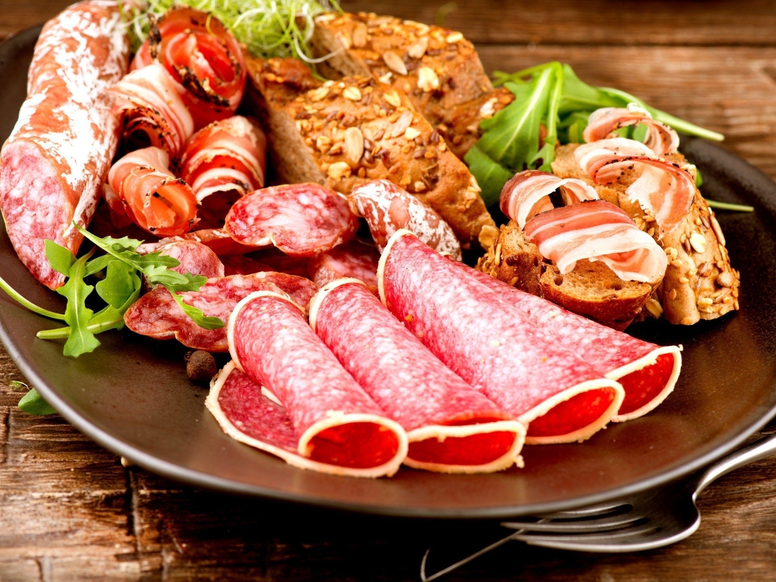 Image: Meats, meat, sausage, salami, loaf, plate, fork