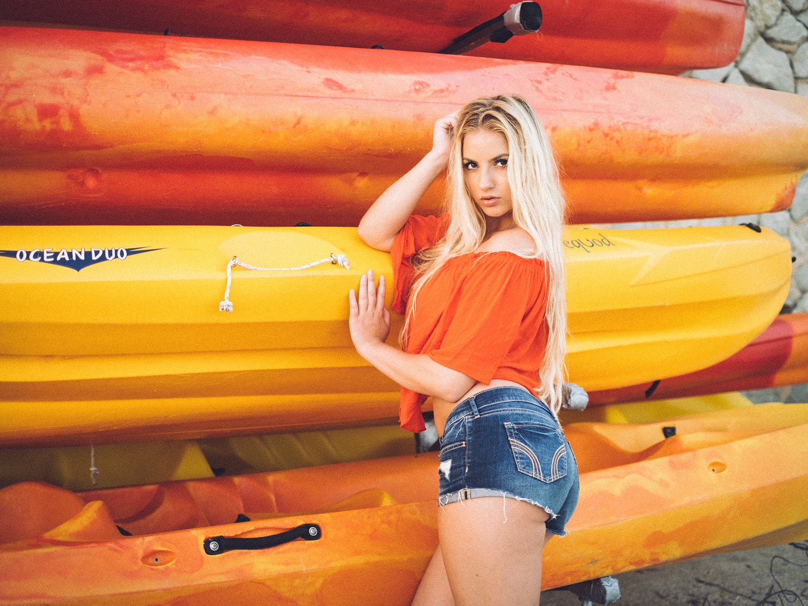 Image: Girl, blonde, posing, shorts, boat