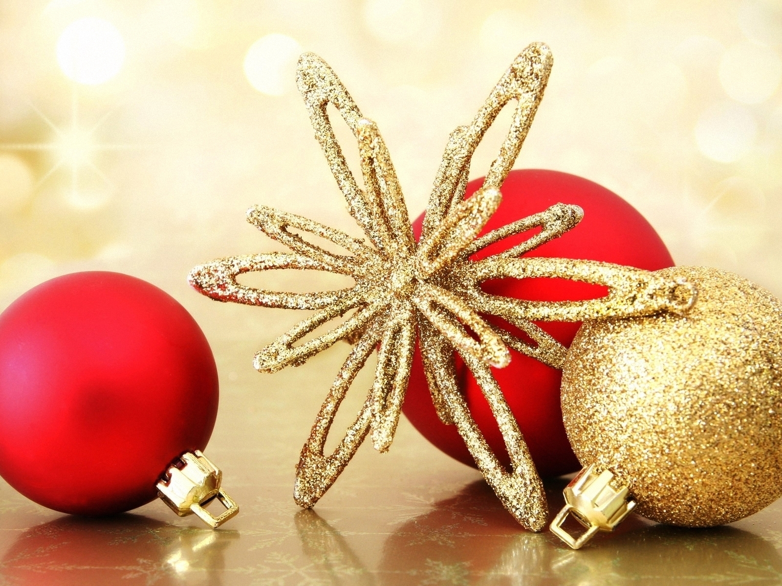Картинка: Снежинка, шары, золотой, красный, праздник, новый год