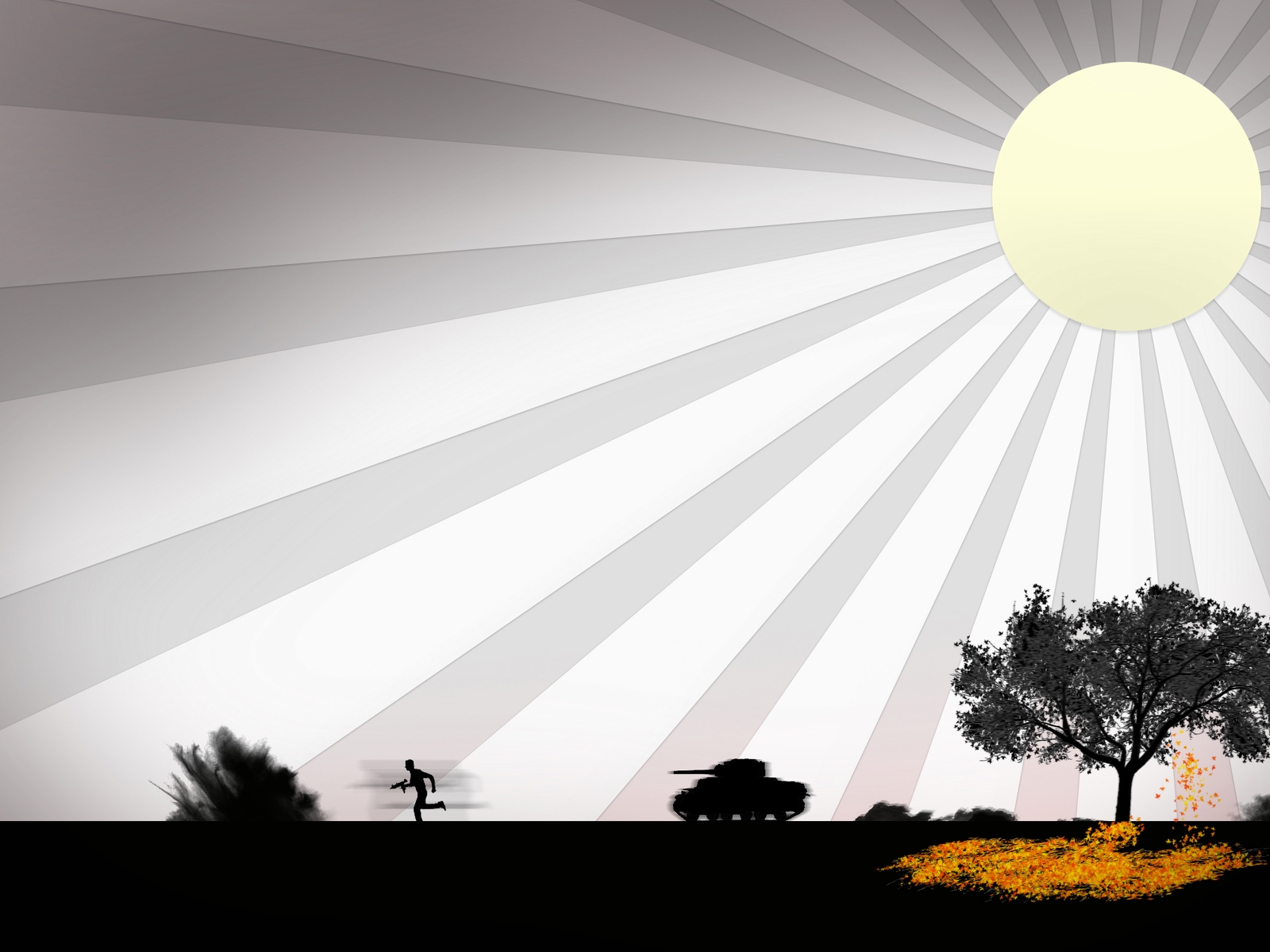 Картинка: Солнце, лучи, поле, война, солдат, танк, оружие, выстрел, дерево, листья