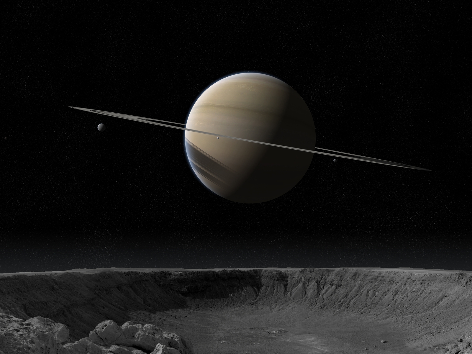 Картинка: Планета, гигант, газовый шар, Сатурн, кольца, спутники, космос, поверхность, кратер, камни