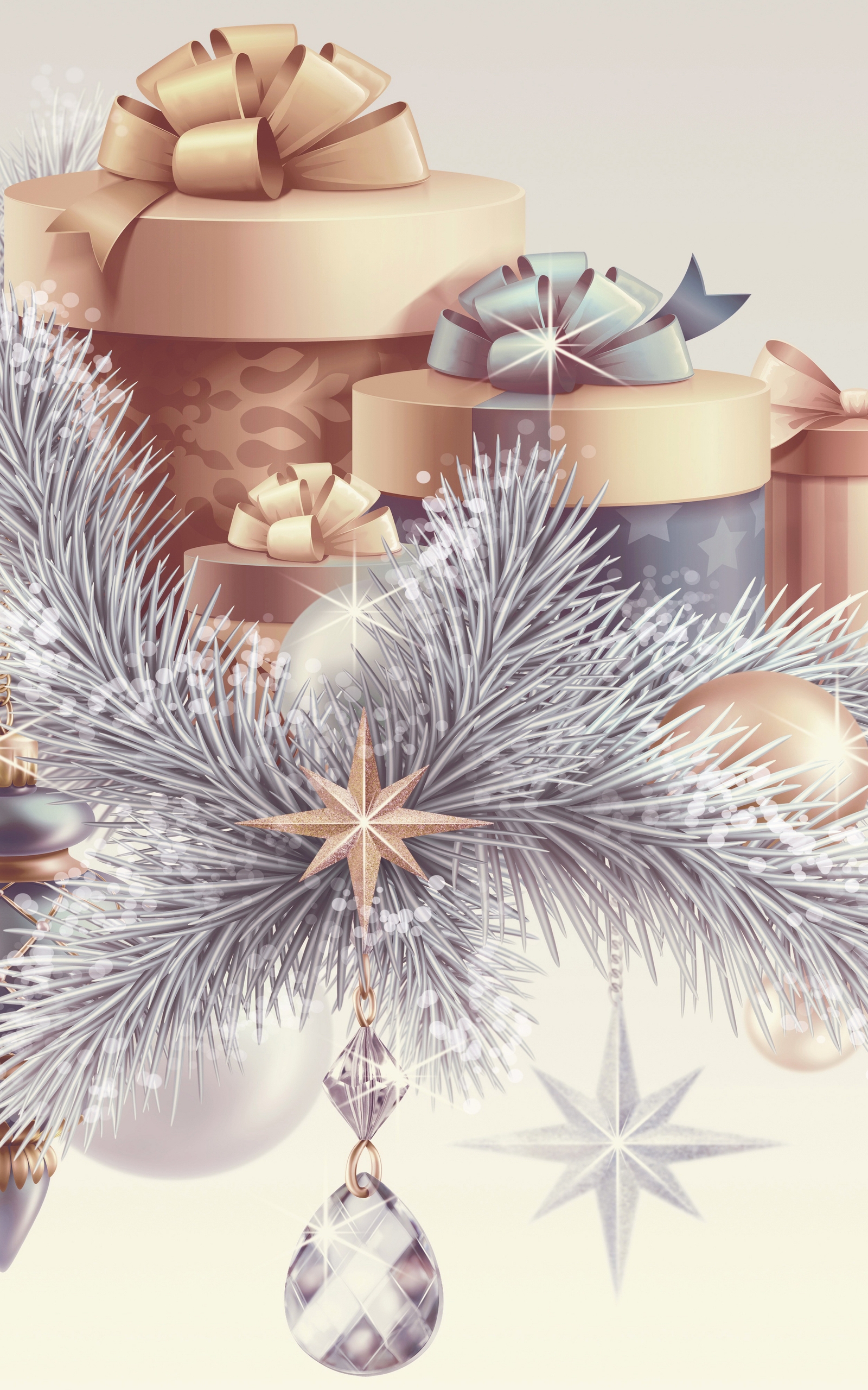 Картинка: Подарки, ель, веточки, Новый год, звёздочки, украшения