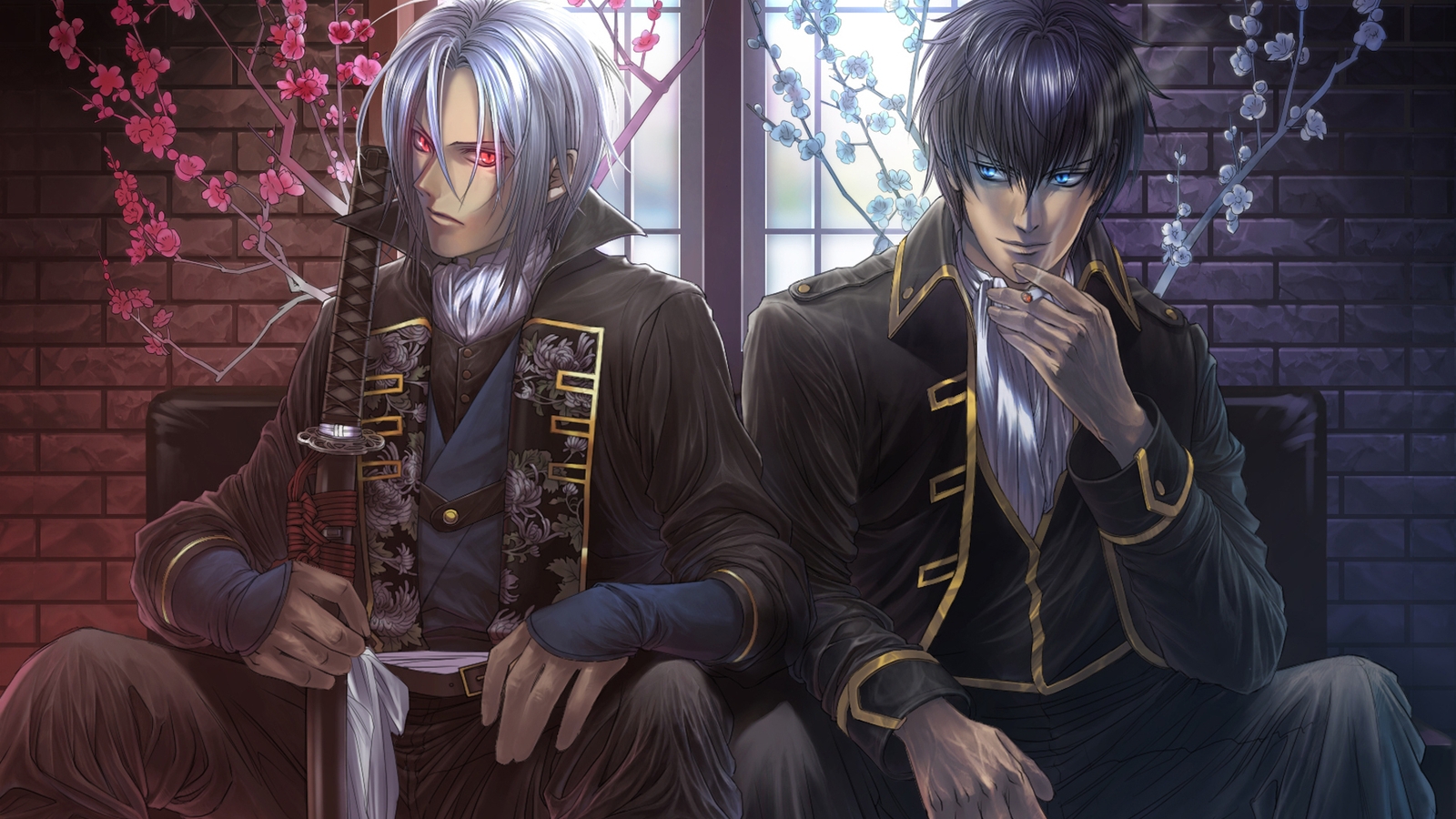 Image: Gintama, boys, Hijikata Toshizou, Hijikata Toushirou, sitting, sword, katana, Demons pale cherry, smoke, flowers, window