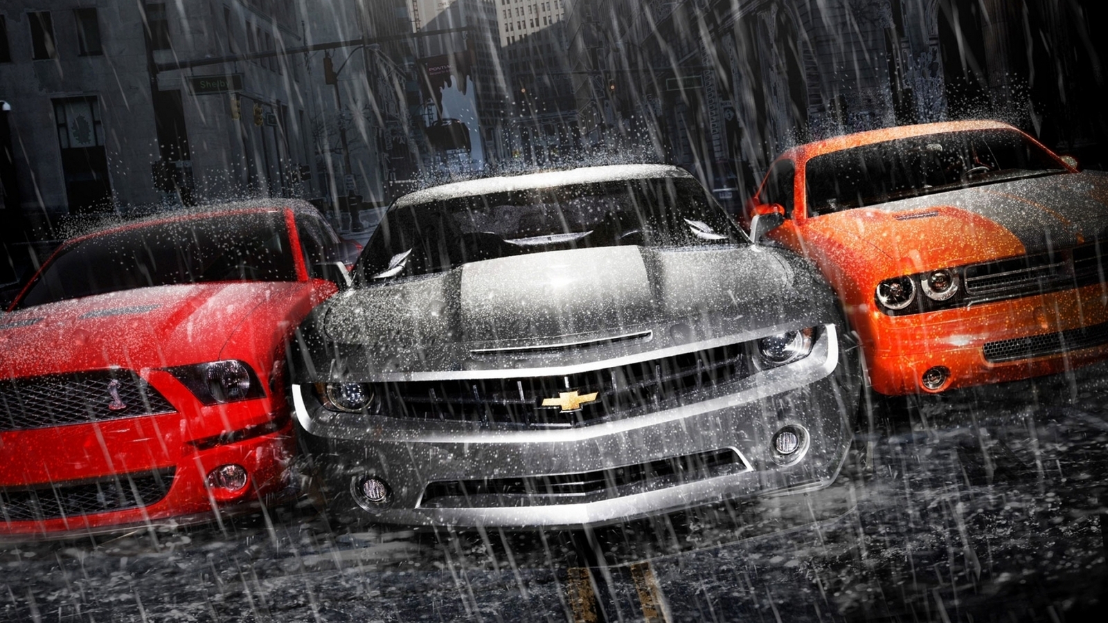 Картинка: Суперкары, chevrolet camaro, dodge сhallenger, ford mustang, дождь, ливень, дорога