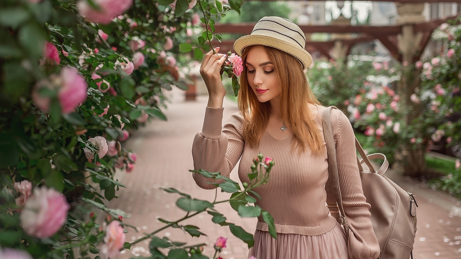 Image: Girl, pink, dress, hat, mood, rose, Bush, garden, backpack, Christina Kardava