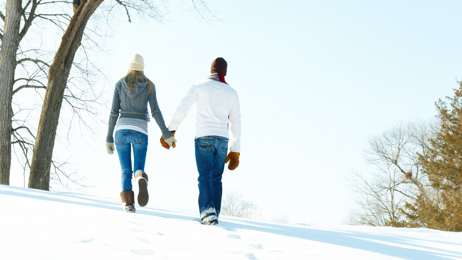 Картинка: Пара, парень, девушка, прогулка, спина, идут, за руки, шапка, зима, снег, деревья