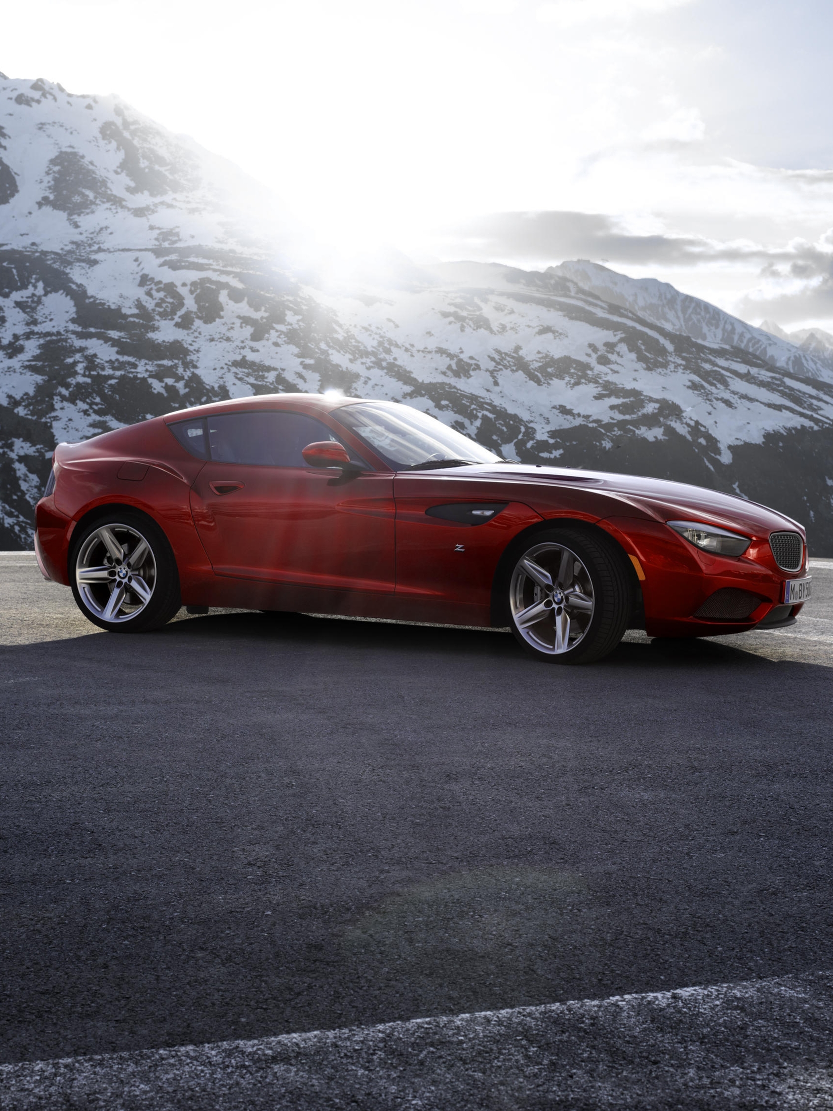 Image: BMW, Zagato, Coupe, red, standing, sun, mountains, clouds, snow