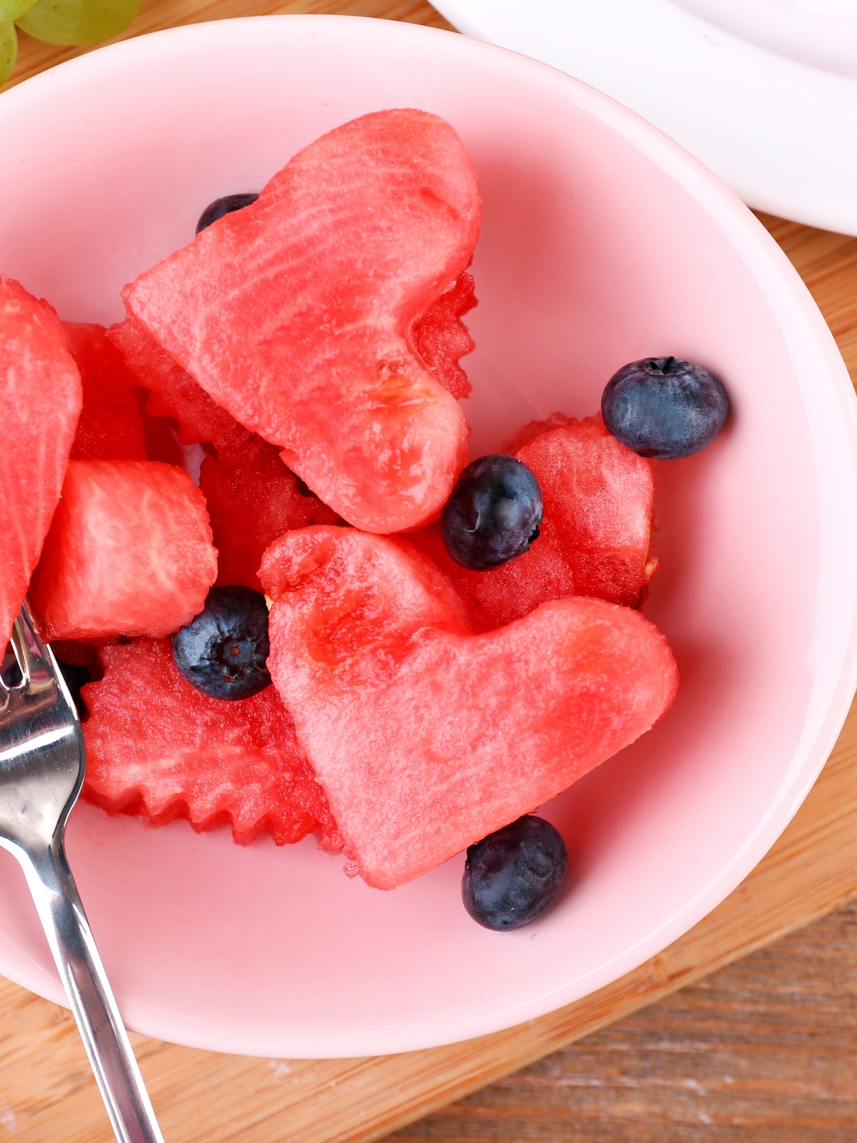 Image: Watermelon, slices, berries, hearts, plate, fork, food, summer
