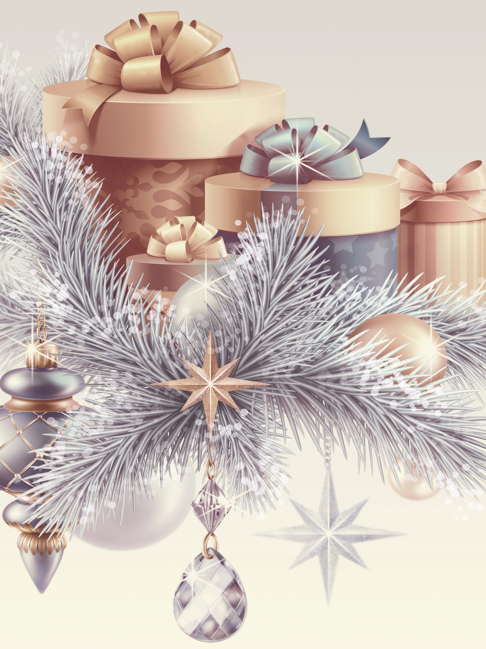 Картинка: Подарки, ель, веточки, Новый год, звёздочки, украшения