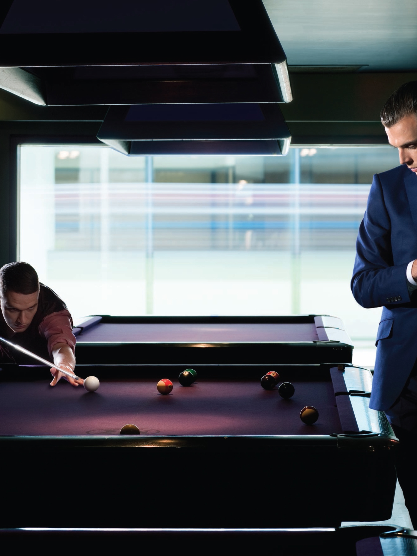 Image: Men, pool, table, cue, balls, game, suit, style