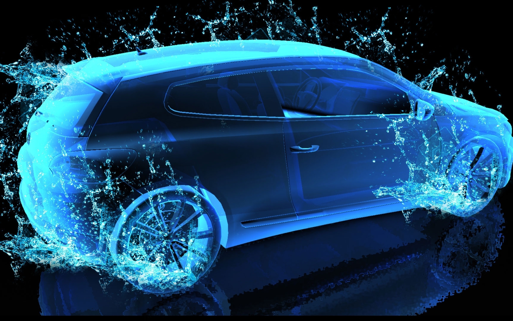 Image: Car, 3D, water, spray, wheels, reflection