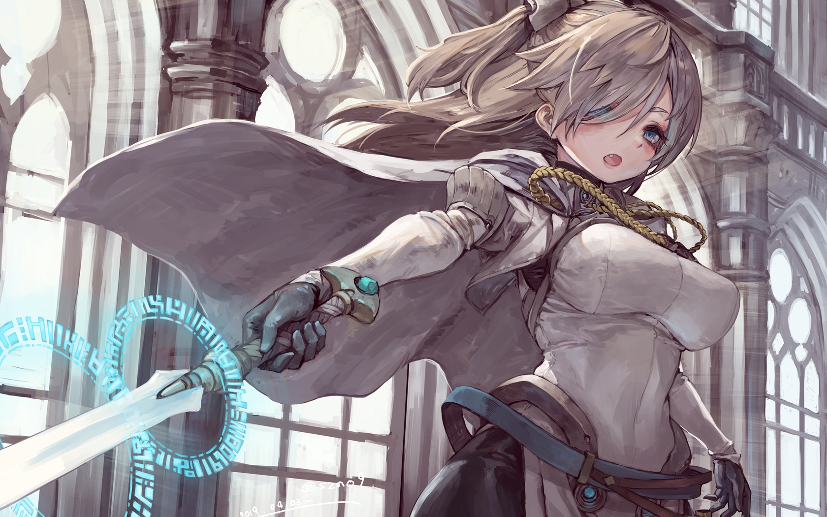 Image: Girl, white-haired, warrior, uniform, cloak, chest, sword, belt, magic, art