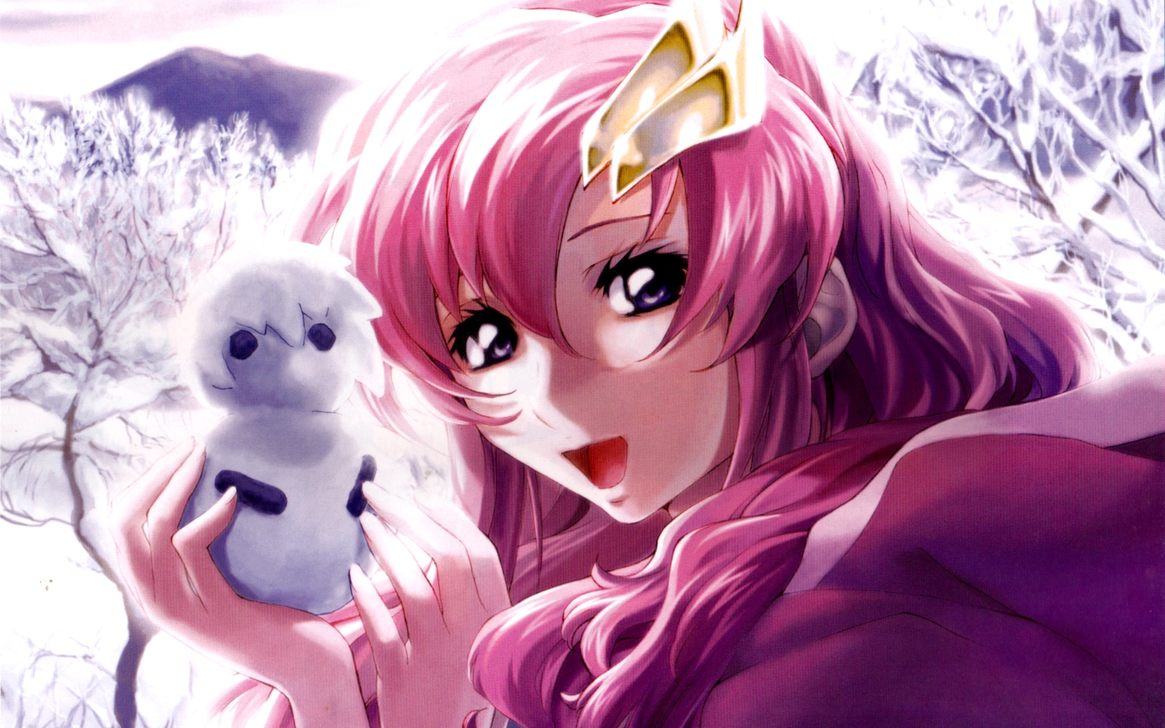 Картинка: Девушка, розовые волосы, улыбка, лицо, глаза, настроение, снеговик, деревья, зима