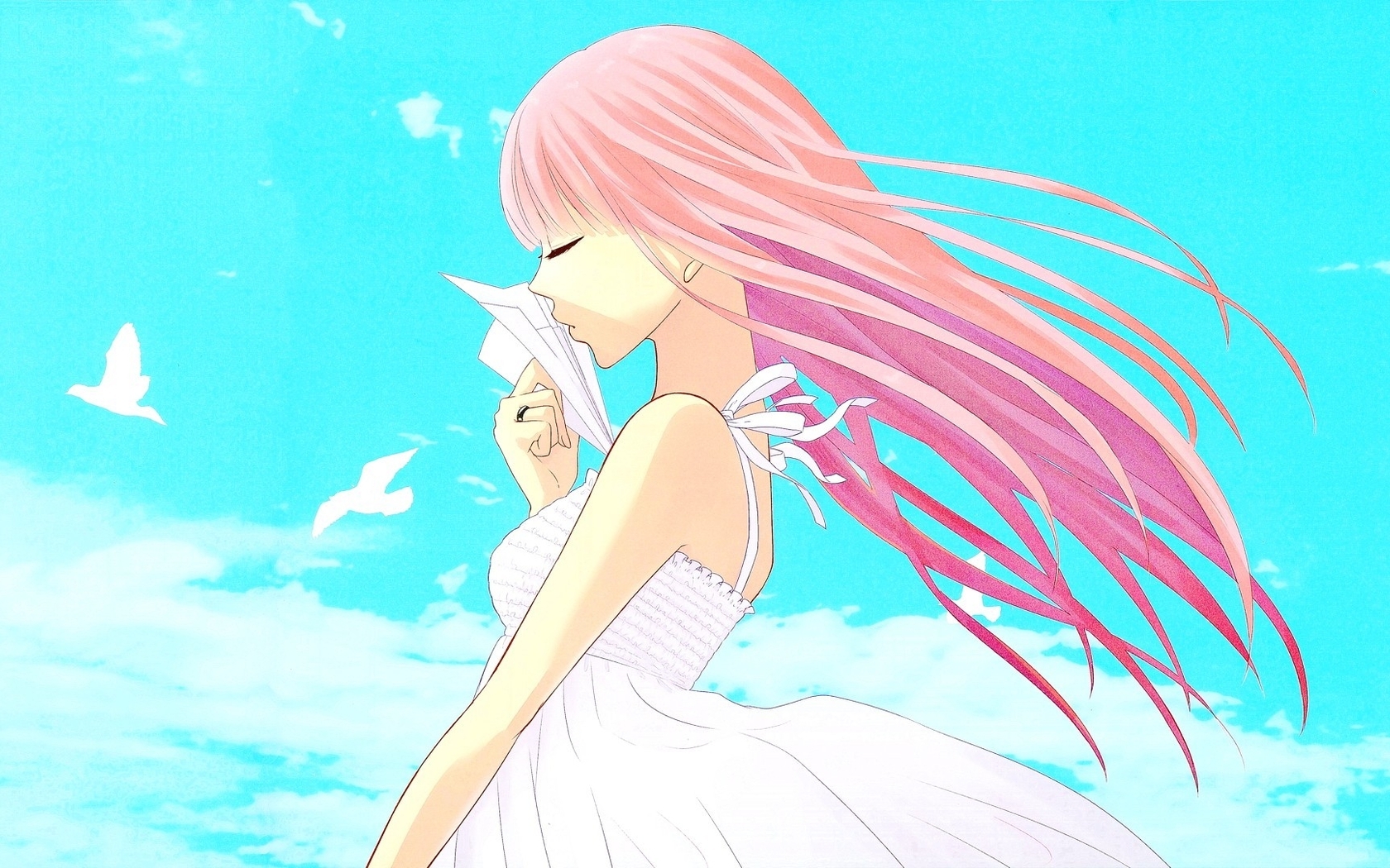 Image: Girl, hair, pink, plane, sky, clouds, birds, dress, wind