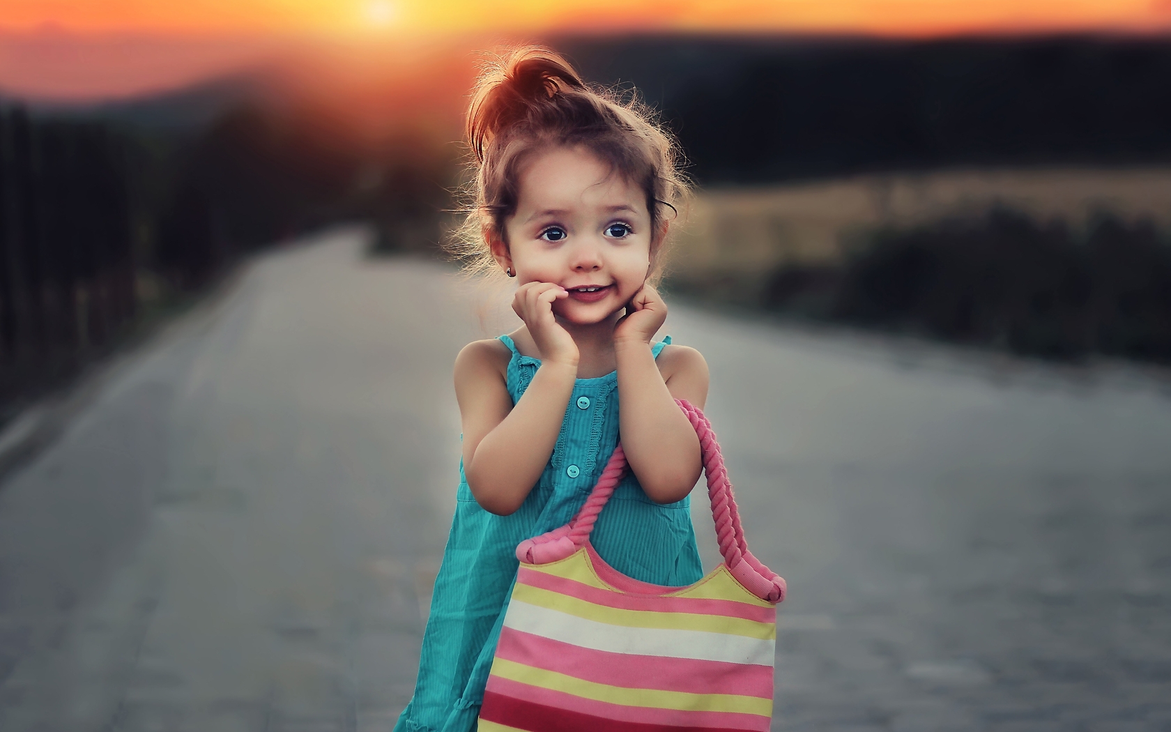 Image: Girl, bag, background, blur, sunset, road, stripes